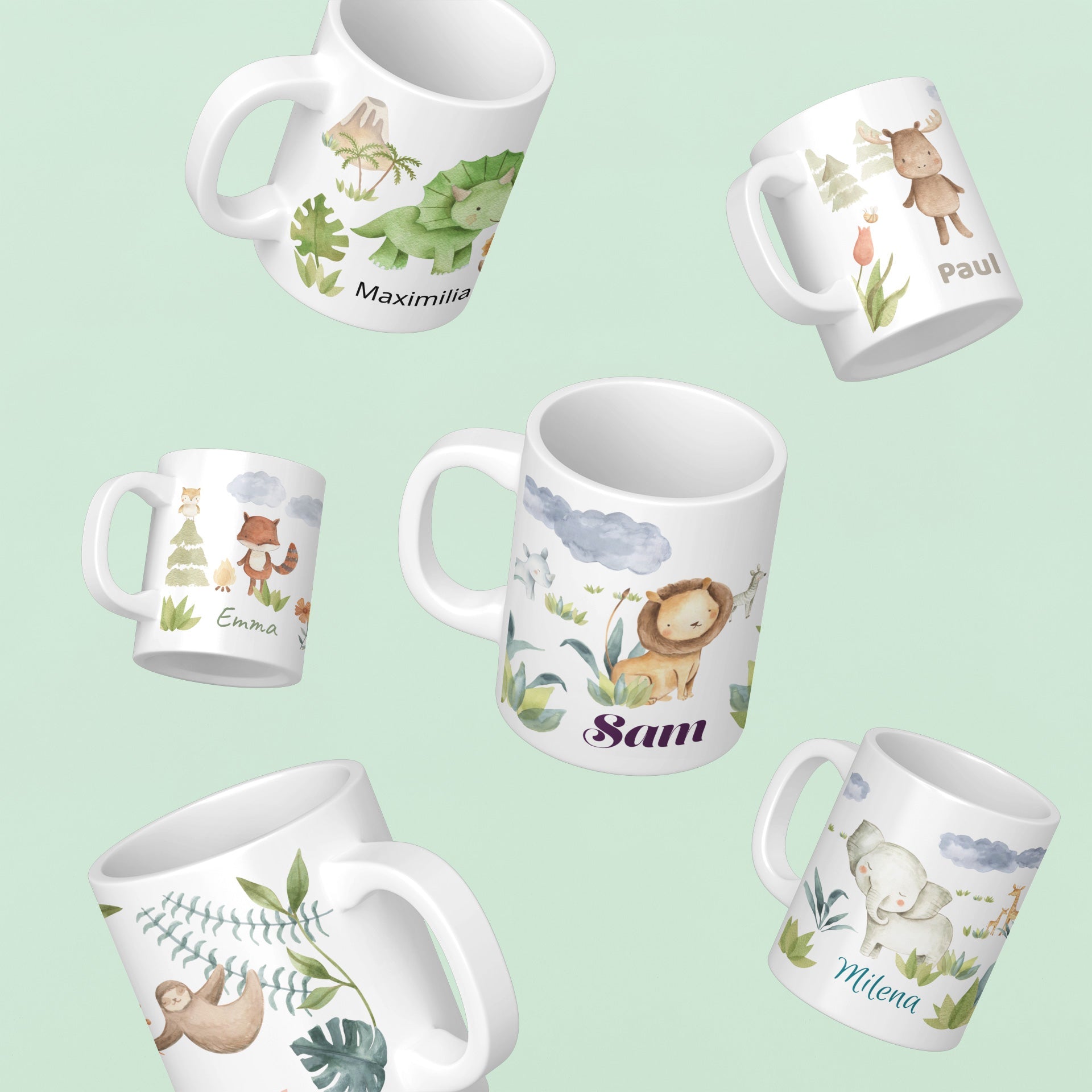 Personalisierte Kindertasse mit Namen – Aquarell Dschungel - adressaufkleber-fabrik.de
