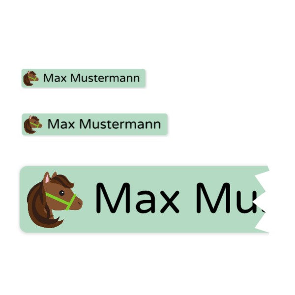 Bügeletiketten mit Namen (Set mit 200 Stück zum Aufbügeln) - Grün/Pferd - adressaufkleber-fabrik.de