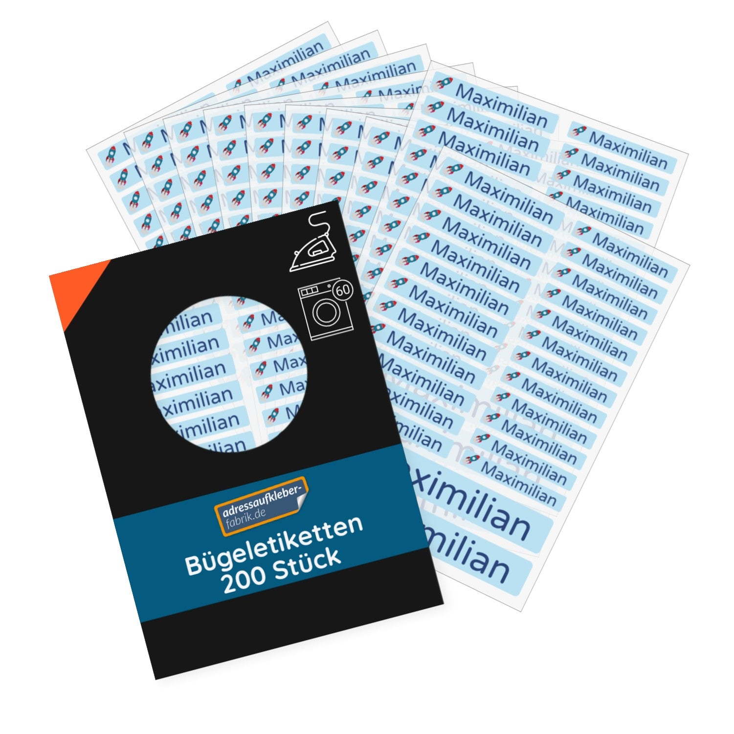 Bügeletiketten mit Namen (Set mit 200 Stück zum Aufbügeln) - adressaufkleber-fabrik.de