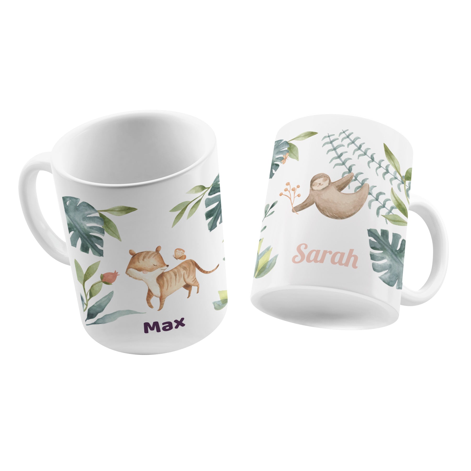 Personalisierte Kindertasse mit Namen – Aquarell Dschungel - adressaufkleber-fabrik.de