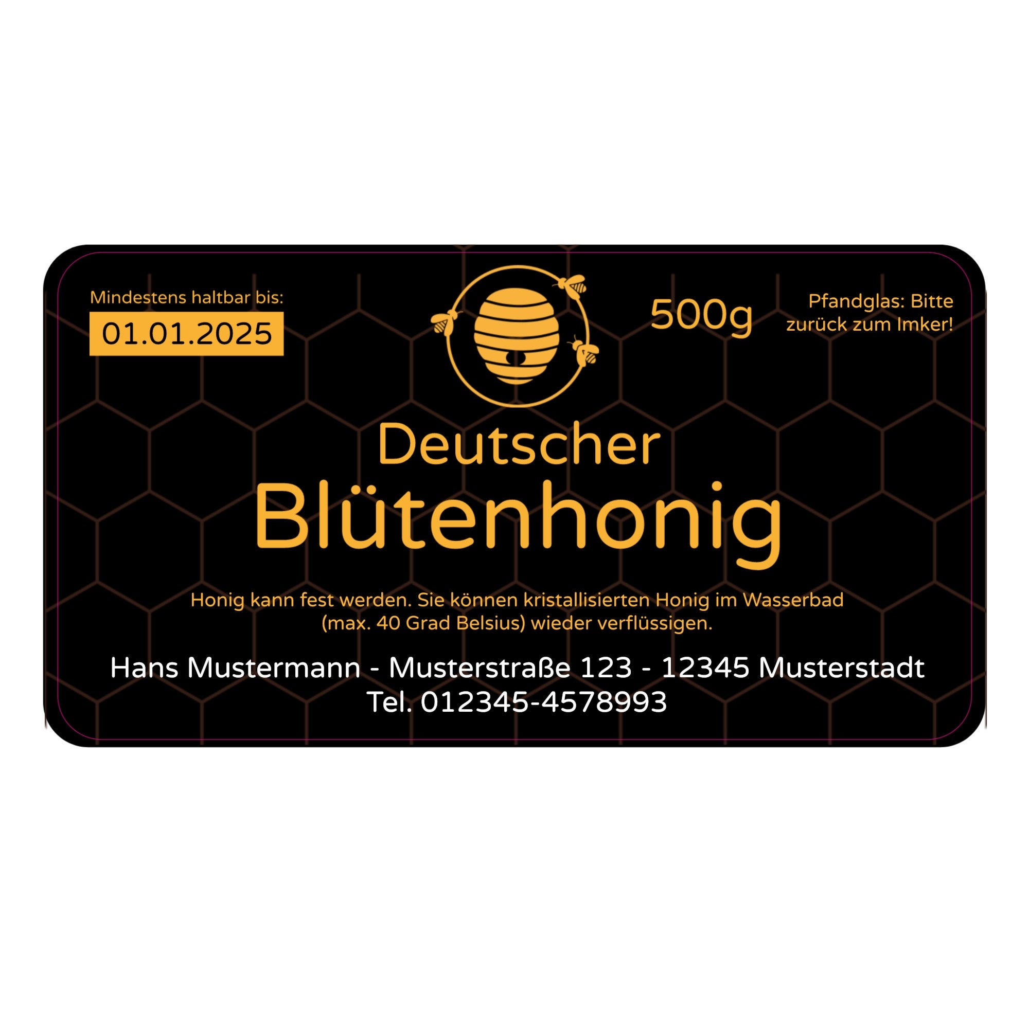 Personalisierte Honig Etiketten (für 500g Glas) 120x65 mm 50 Stück - adressaufkleber-fabrik.de
