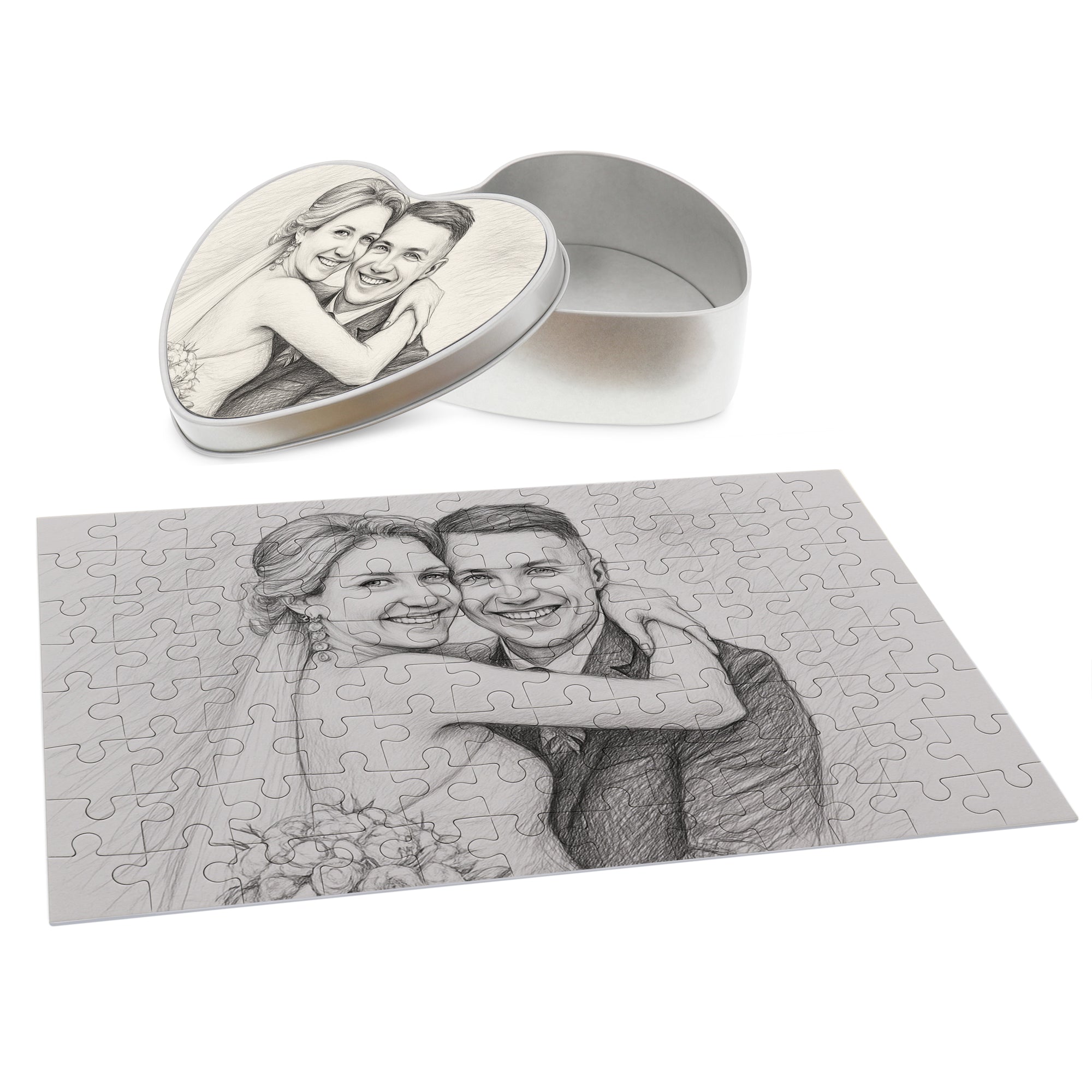 Puzzle mit Bleistiftzeichnung und Individualisierung (inkl. Herzdose – 96 Teile)