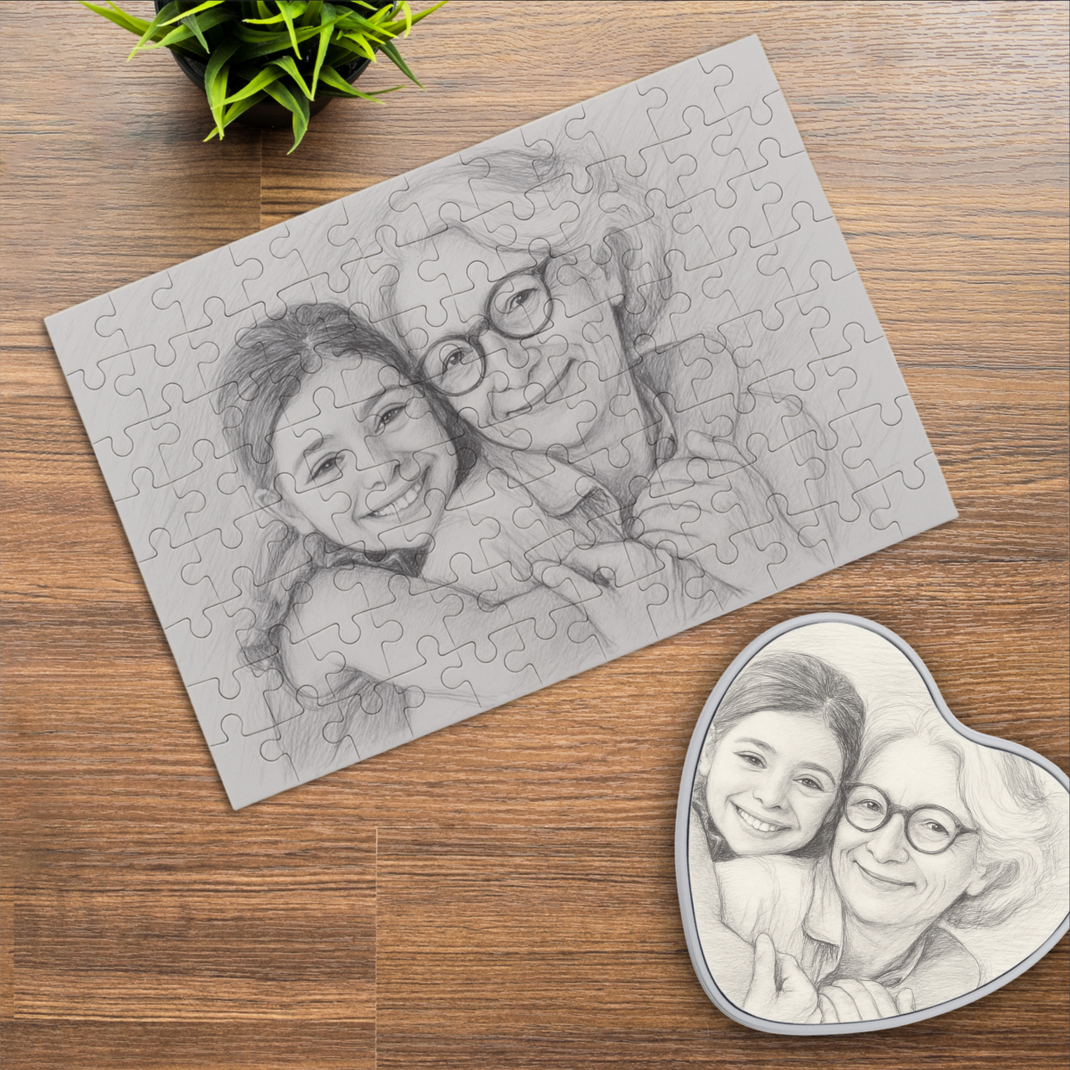 Puzzle mit Bleistiftzeichnung und Individualisierung (inkl. Herzdose – 96 Teile)