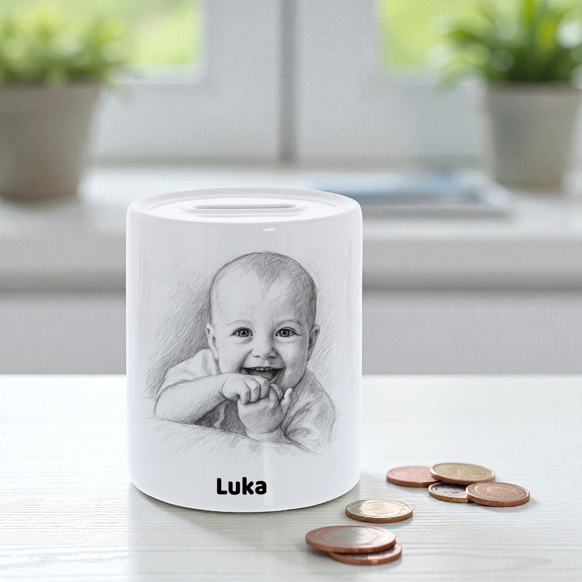 Spardose mit Bleistiftzeichnung und Individualisierung
