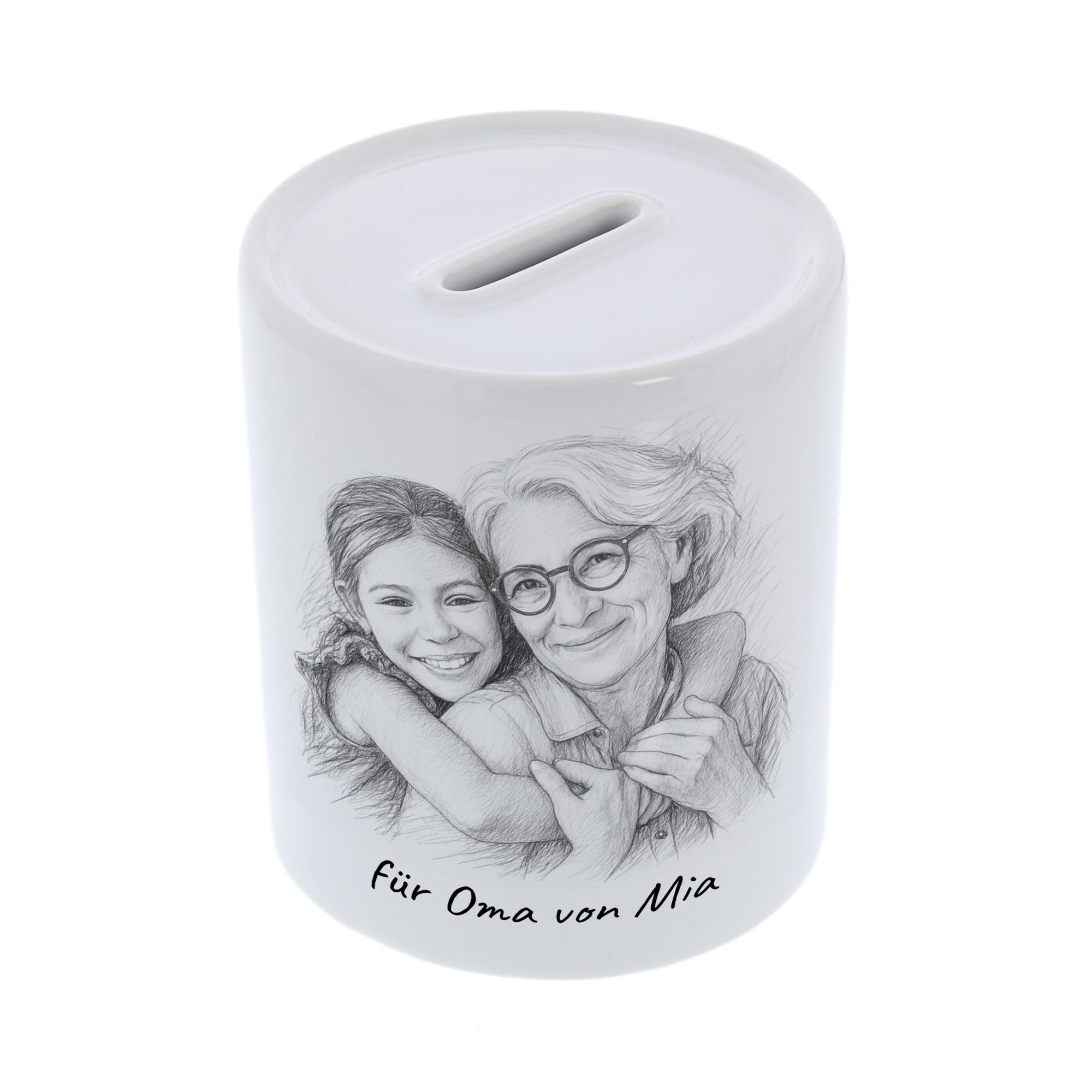 Spardose mit Bleistiftzeichnung und Individualisierung