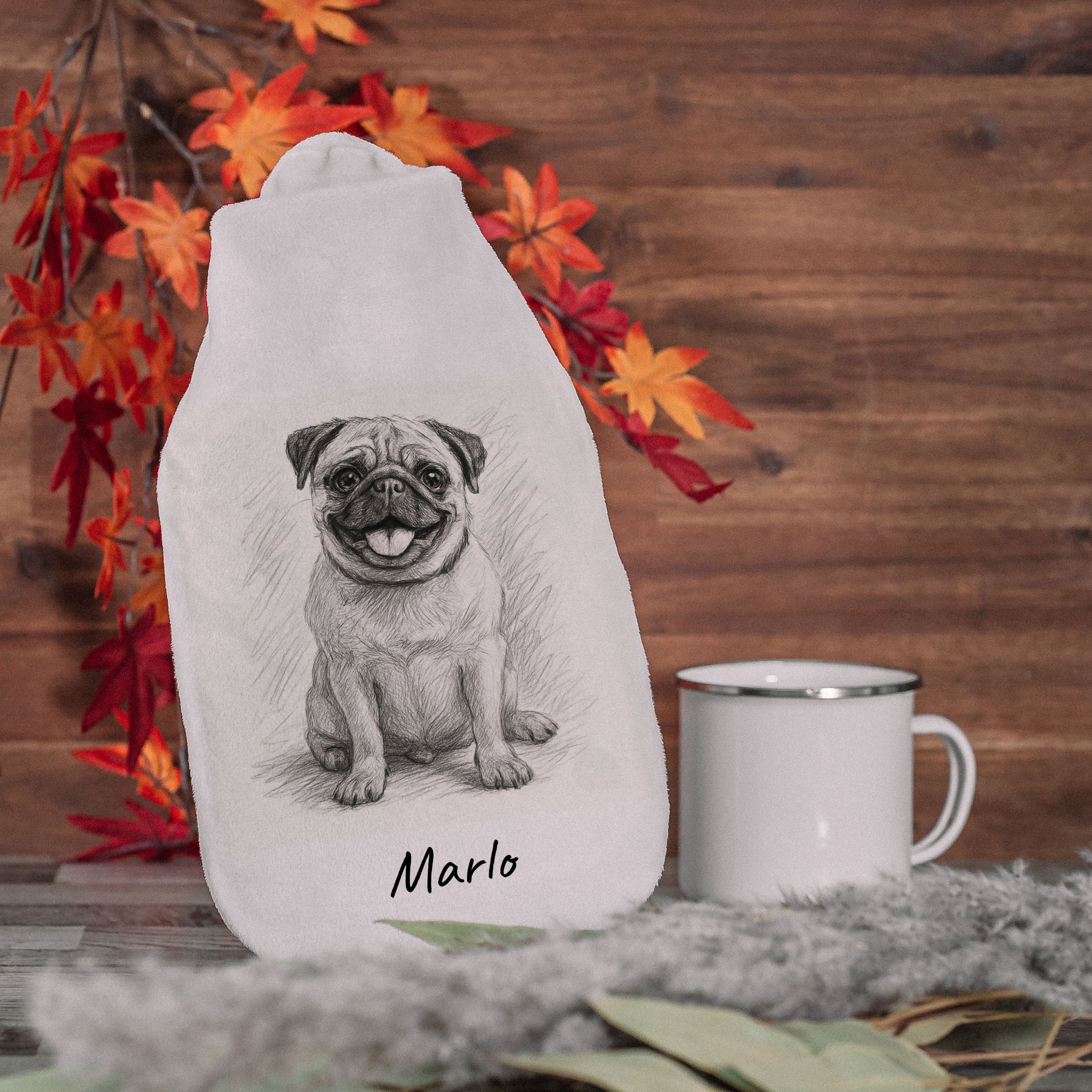 Wärmflasche mit Bleistiftzeichnung und Individualisierung