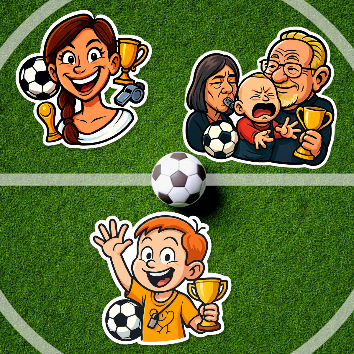 Fußball-Fan Karikatur-Sticker nach Foto – personalisierte Aufkleber konturgeschnitten