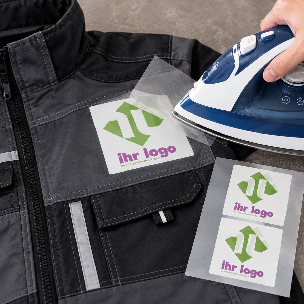 Logo-Bügeletiketten gemischt – 30 × 30 mm und 100 × 100 mm