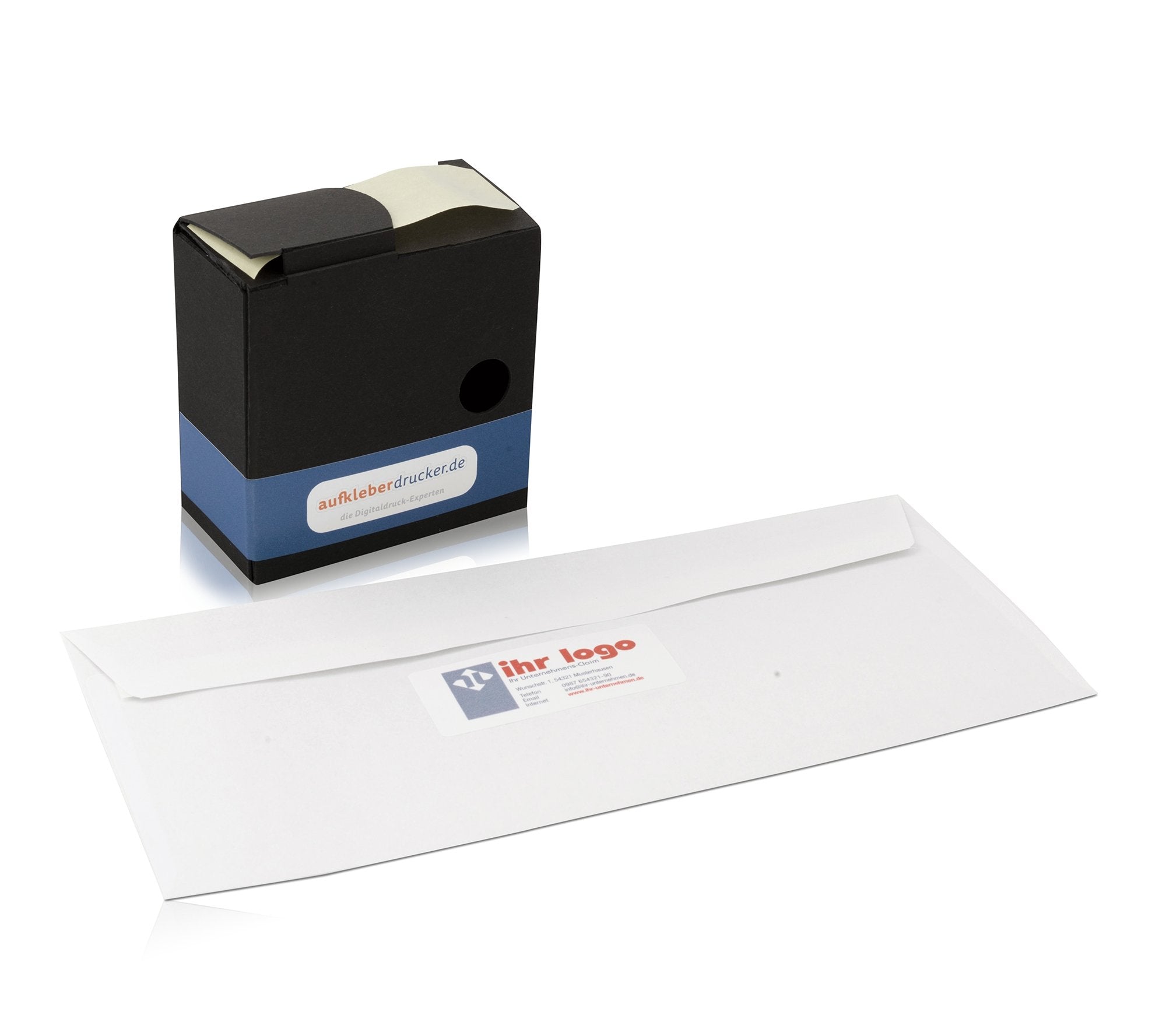 Firmenaufkleber mit Logo 60x30 mm (im Spenderkarton) - adressaufkleber-fabrik.de