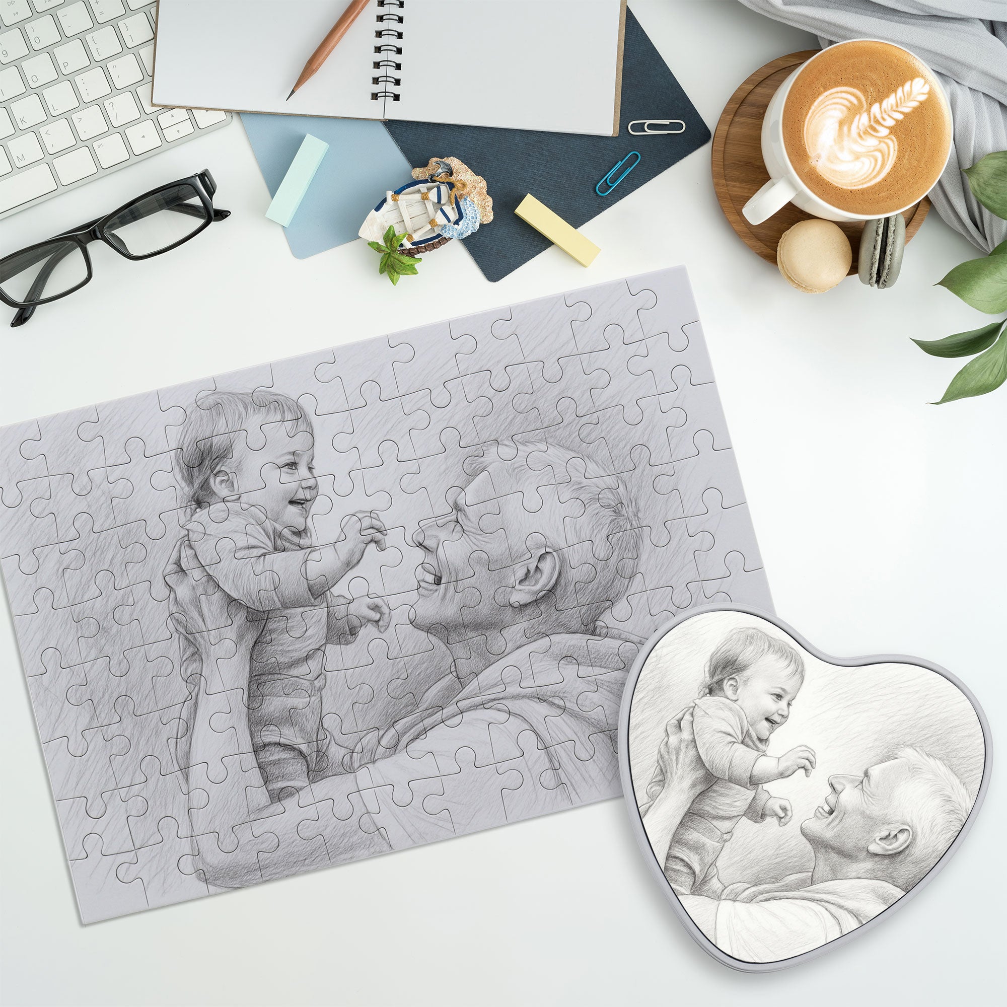 Puzzle mit Bleistiftzeichnung und Individualisierung (inkl. Herzdose – 96 Teile)